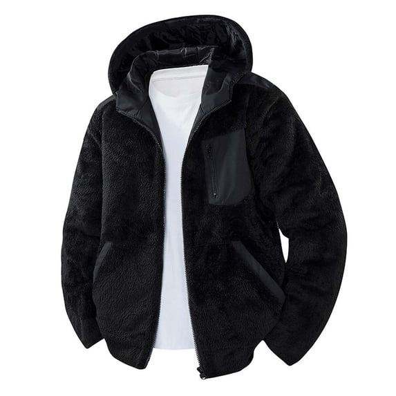 Wuxian Men Autumn Winter Hooded Jacket Fuzzy Wool Thick Thermal Zipper Up Coats With Pockets Solid Color Lined Warm Cardigan Streetwear,Black,L