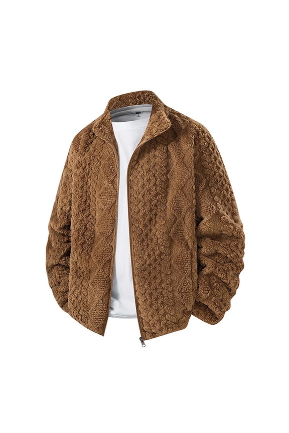 Men Autumn Winter Jacket Turndown Collar Fuzzy Wool Thick Thermal Zipper Up Coats With Pockets Solid Color Loose Fit Lined Warm Cardigan Outwear,Khaki,M