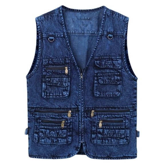 Wuxian Men Denim Vest Jacket Sleeveless Solid Color Zip Up V-Neck Multiple Pockets Waistcoat Workwear Garment Comfortable Fit Daily Wear,Blue,XXL