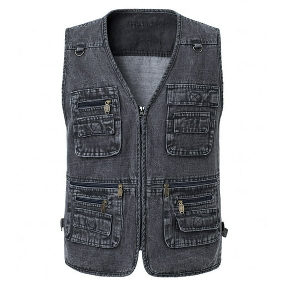 Wuxian Men Denim Vest Jacket Sleeveless Solid Color Zip Up V-Neck Multiple Pockets Waistcoat Workwear Garment Comfortable Fit Streetwear,Dark Gray,XL