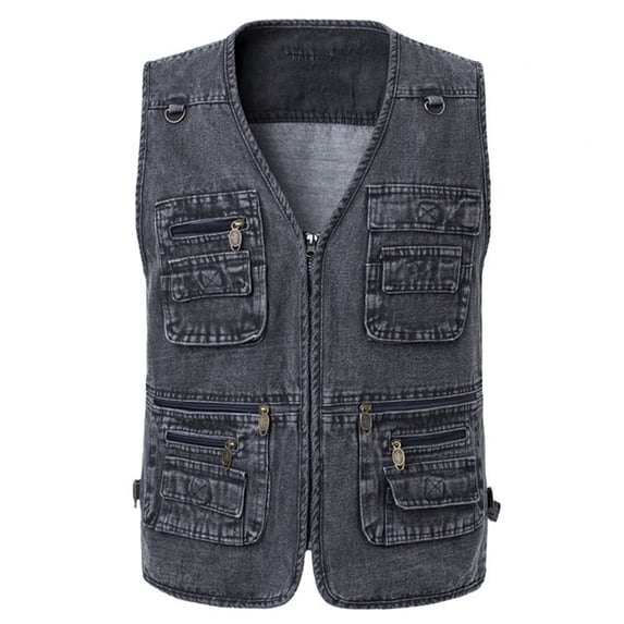 Wuxian Men Denim Vest Jacket Sleeveless Solid Color Zip Up V-Neck Multiple Pockets Waistcoat Workwear Garment Comfortable Fit Daily Wear,Dark Gray,XXXXXL