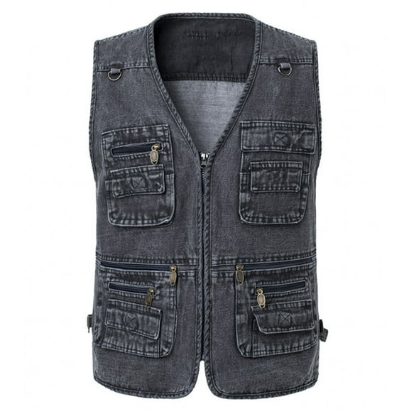 Wuxian Men Denim Vest Jacket Sleeveless Solid Color Zip Up V-Neck Multiple Pockets Waistcoat Workwear Garment Comfortable Fit Dailywear,Dark Gray,XXXXL