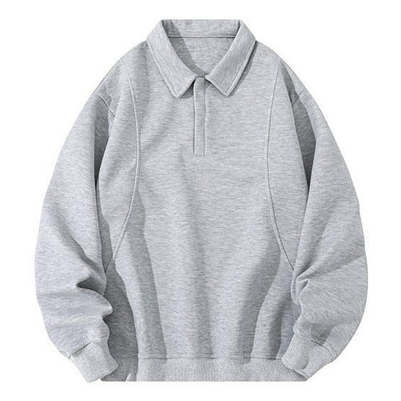Wuxian Men Heavyweight Sweatshirt Zippered Polo Collar Pullover Tops Casual Outerwear Comfortable Soft Oversized Loose Fit Dailywear,Grey,XXL