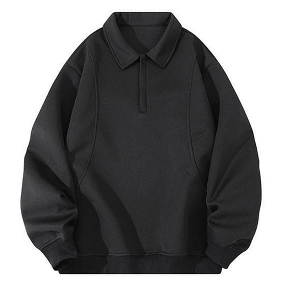 Wuxian Men Heavyweight Sweatshirt Zippered Polo Collar Pullover Tops Casual Outerwear Comfortable Soft Oversized Loose Fit Streetwear,Black,L