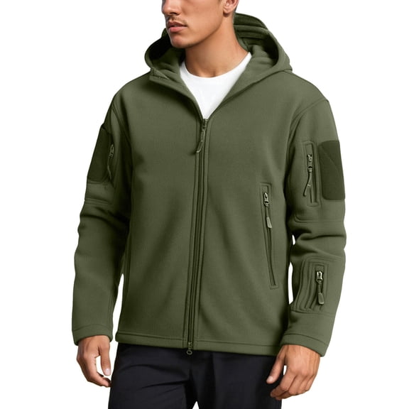 Wuxian Men Hooded Work Jacket Multi Pocket Long Sleeve Full Zip Up Outdoor Warm Pullover Windproof Soft Thermal Sweatshirt Daily Wear,Green,XXL