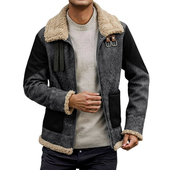 Wuxian Men Jacket Fuzzy Thick Lined Turndown Collar Winter Coat Leather Pockets Warm Thermal Outerwear Windproof Casual Jacket Streetwear,Grey,M