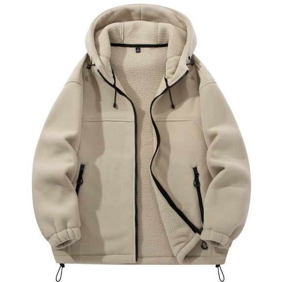 Wuxian Men Jacket Winter Warm Fuzzy Thick Lined Hooded Long Sleeve Full Zipper Outdoor Thermal Coat Soft Breathable Windproof Lightweight Comfy Sweatshirt Streetwear,Khaki,S