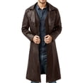 thumbnail image 1 of Wuxian Men Long Leather Jacket Turndown Collar Waterproof Long Sleeve Full Zip Up Trench Coat Windbreaker Outerwear Autumn Winter Casual Overcoat Streetwear,Brown,L, 1 of 8