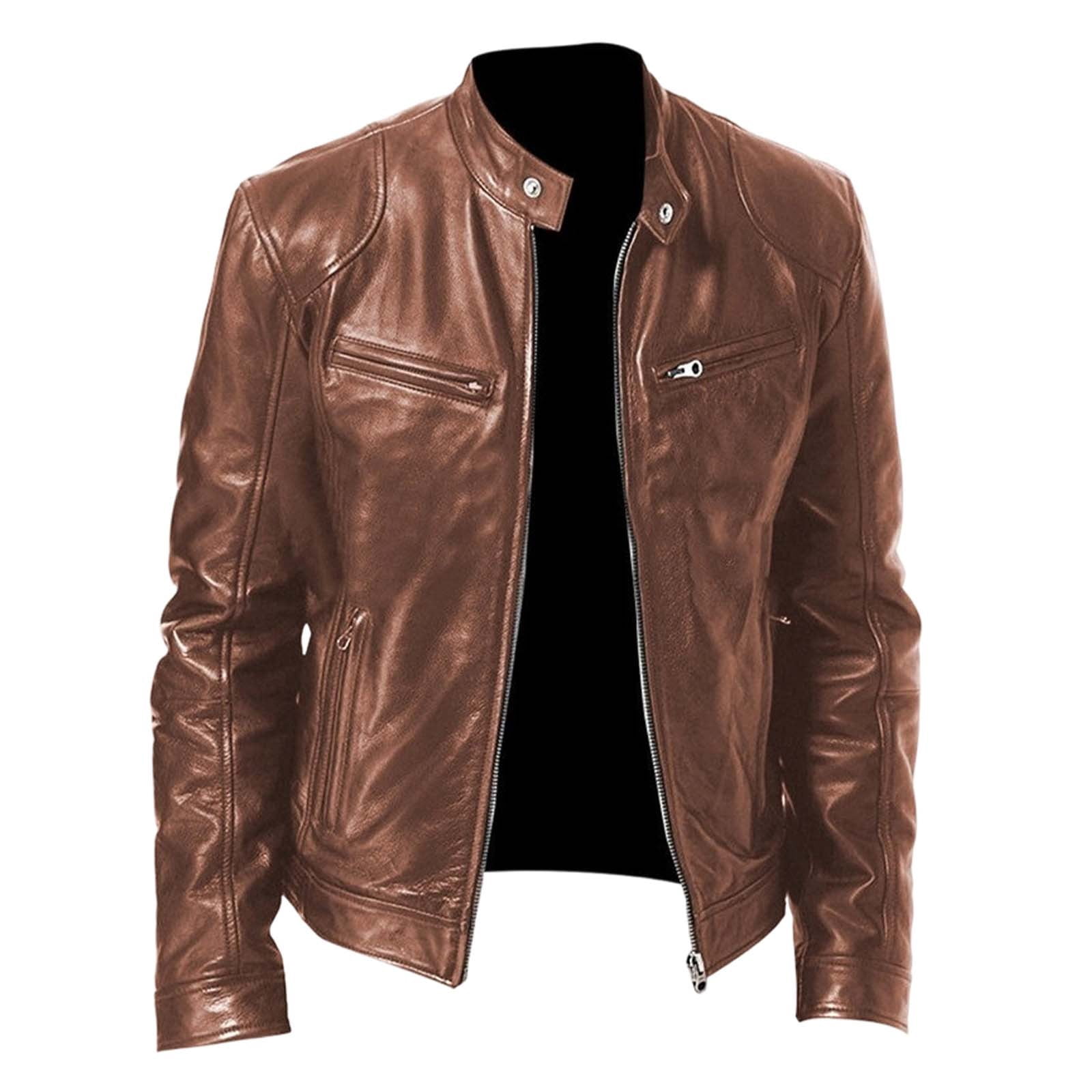 Wuxian Men Punk Leather Jacket Stand Collar Full Zip Up Business Oversized Long Sleeve Casual Cozy Windproof Stylish Dailywear,Bronze,S