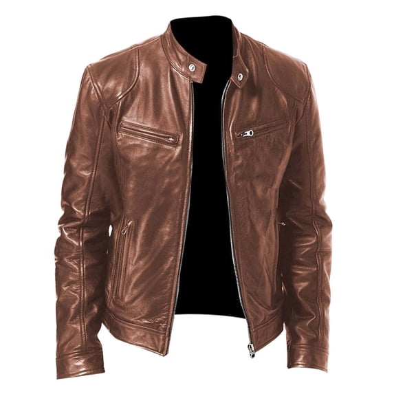 Wuxian Men Punk Leather Jacket Stand Collar Full Zip Up Business Oversized Long Sleeve Casual Cozy Windproof Stylish Dailywear,Bronze,S