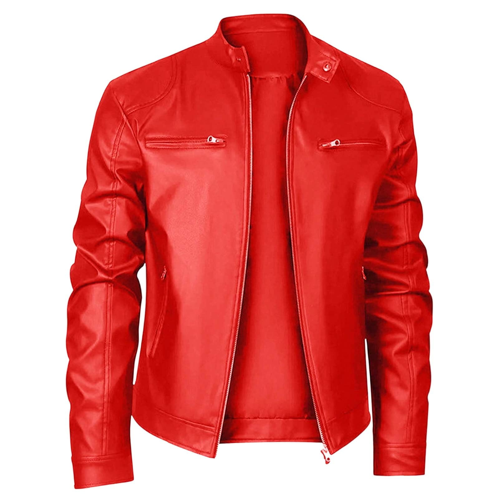 Wuxian Men Punk Leather Jacket Stand Collar Full Zip Up Business Oversized Long Sleeve Casual Cozy Windproof Stylish Dailywear,Red,L