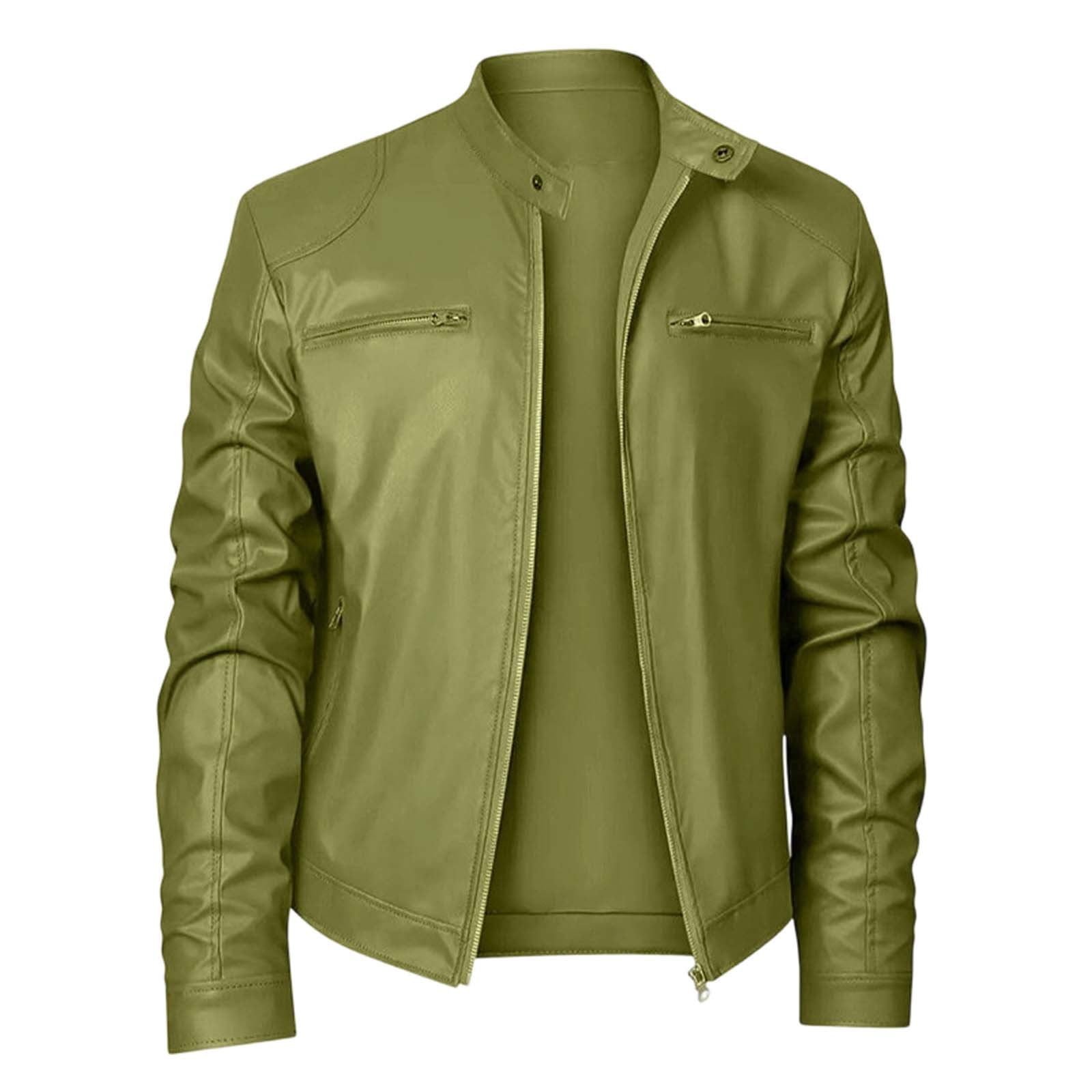Wuxian Men Punk Leather Jacket Stand Collar Full Zip Up Business Oversized Long Sleeve Casual Cozy Windproof Stylish Streetwear,Green,S