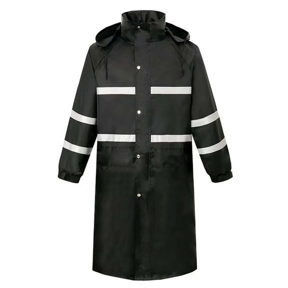 Wuxian Men Raincoat Long Length Rain Jacket Double Layer Thickened Reflective Button Down Hooded Windbreaker Waterproof Dailywear,Black,L