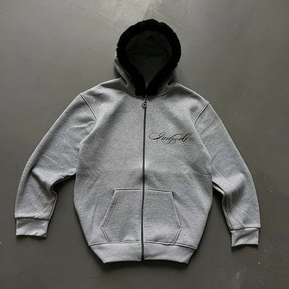 Wuxian Men Retro Streetwear Jacket Fuzzy Hoodie Soft Lined Zipper Up Solid Color Long Sleeve Sweatshirt Comfortable Casual Fit Cozy Stylish Outwear,Grey,M