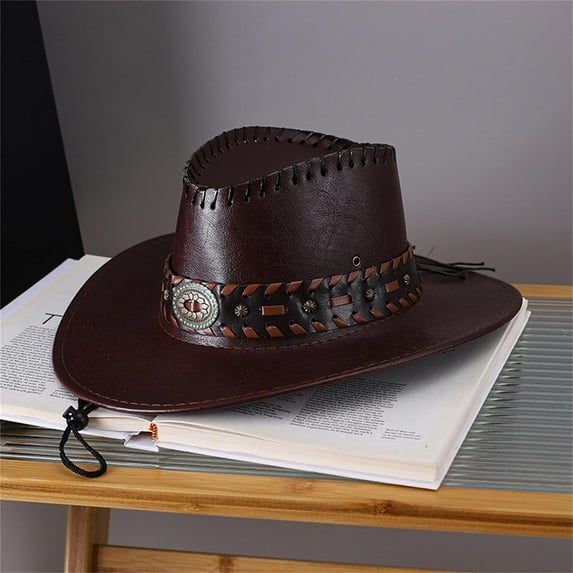 Wuxian Men Retro Western Cowboy Hat Solid Color Adjustable Strap Outdoor Fashionable Lightweight Classic Shapeable Wide Brim Cattleman Caps Festival Party Jazz Bowler Hat,,One Size