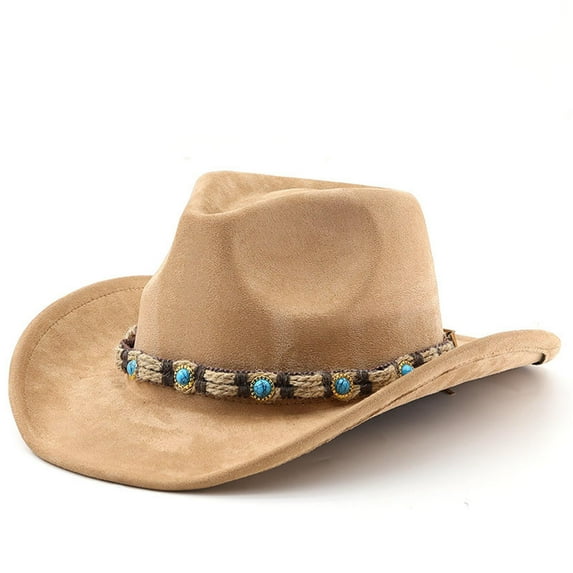 Wuxian Men Retro Western Cowboy Hat Solid Color Adjustable Strap Outdoor Fashionable Lightweight Classic Shapeable Wide Brim Cattleman Caps Festival Party Jazz Bowler Hat,Beige,One Size