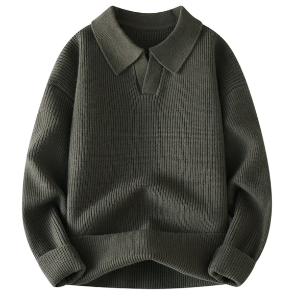 Wuxian Men'S Knit Sweater Turndown Collar Polo Coat Solid Color Loose Fit Long Sleeve Pullovers Autumn Winter Warm Soft Comfy Dailywear