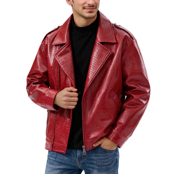 Wuxian Men'S Leather Jackets Stand Collar Motorcycle Full Zipper Up Long Sleeved Solid Colour Work Coats With Pockets Casual Winter Warm Dailywear,Red,M
