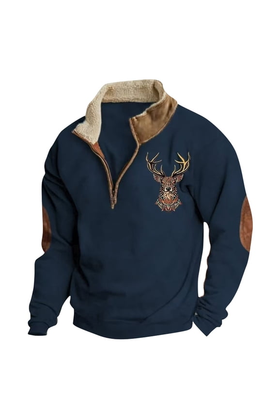 Men Sweatshirt 1/4 Zip Sweater Retro Pullover Polo Sweaters Solid Long Sleeve Print Fall Winter Based Warm Jacket,Navy,Xl