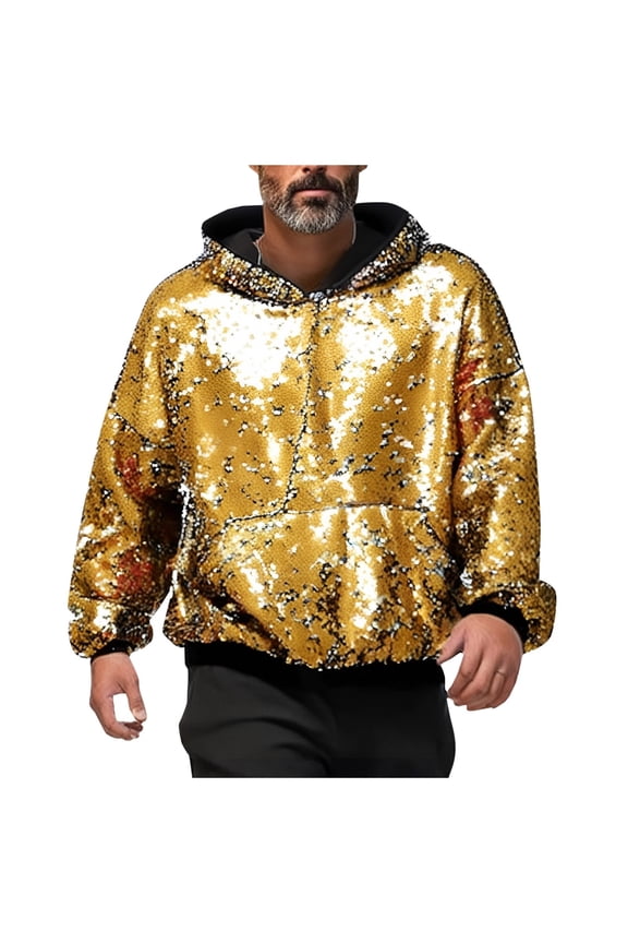 Men Sweatshirt Hooded Sequin Bomber Sparkly Varsity Glitter Sweatshirt Lightweight Party Outwear Hoodies Pullover Coat Birthday Holiday Clothes Outfits,Gold,S