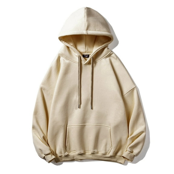 Wuxian Men Sweatshirts Drawstring Hooded Solid Color Casual Hoodie Long Sleeve Pullover Sweatshirt Fall Base Streetwear,Beige,Xxxxl