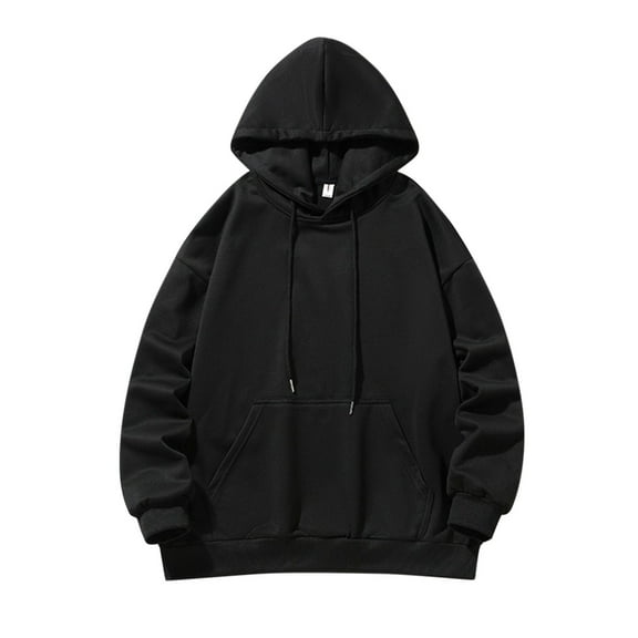 Wuxian Men Sweatshirts Drawstring Hooded Solid Color Casual Hoodie Long Sleeve Pullover Sweatshirt Fall Base Streetwear,Black,L