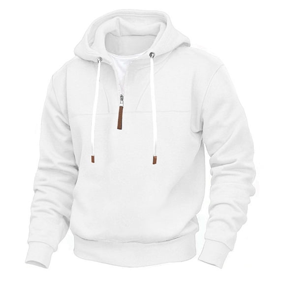 Wuxian Men Winter Sweatshirt Heavyweight Lined Quarter Zipper Hooded Pullovers Solid Color Long Sleeve Oversized Coats Daily Wear,White,L