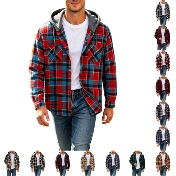 Wuxian Men's Flannel Hoodie Shirts Casual Button Down Plaid Shirt Jackets For Men Long Sleeve Stylish Hooded With Pockets