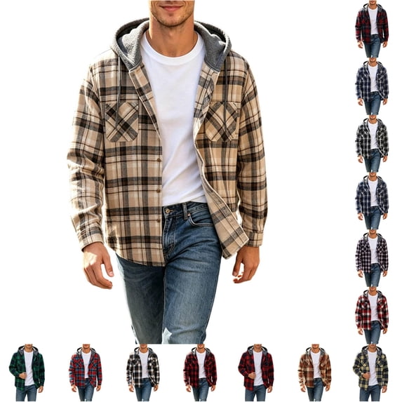 Wuxian Men's Flannel Hoodie Shirts Casual Button Down Plaid Shirt Jackets For Men Long Sleeve Stylish Hooded With Pockets
