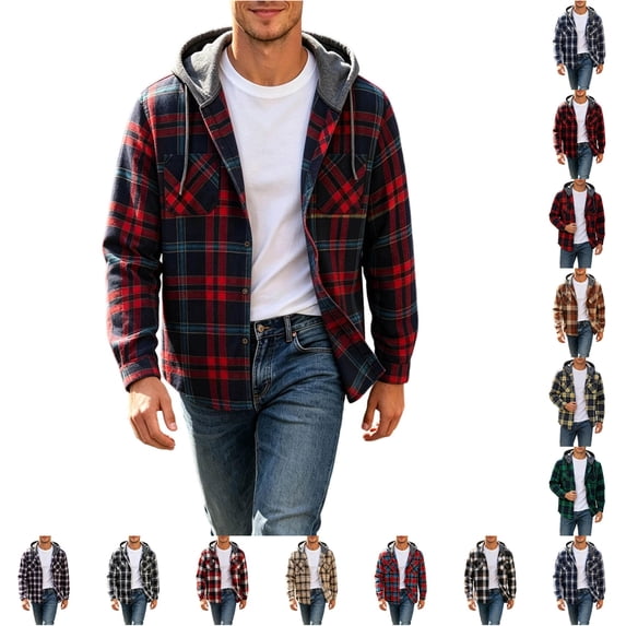 Wuxian Men's Flannel Hoodie Shirts Casual Button Down Plaid Shirt Jackets For Men Long Sleeve Stylish Hooded With Pockets