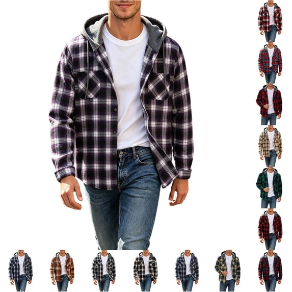 Wuxian Men's Flannel Hoodie Shirts Casual Button Down Plaid Shirt Jackets For Men Long Sleeve Stylish Hooded With Pockets