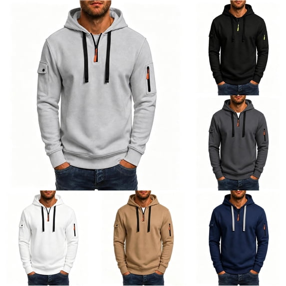 Wuxian Men's Hoodie With Zip Pocket Fall Winter Casual Quarter Zip Pullover Tops Long Sleeve Hooded Sweatshirts