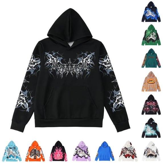 Wuxian Men's Hoodies Sweatshirts For Halloween Loose Fit Casual Spooky Print Long Sleeve Pullover Streetwear Tops