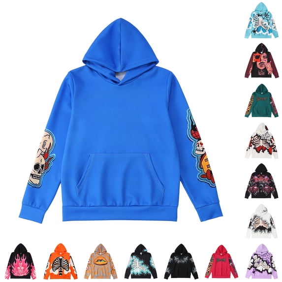 Wuxian Men's Hoodies Sweatshirts For Halloween Loose Fit Casual Spooky Print Long Sleeve Pullover Streetwear Tops