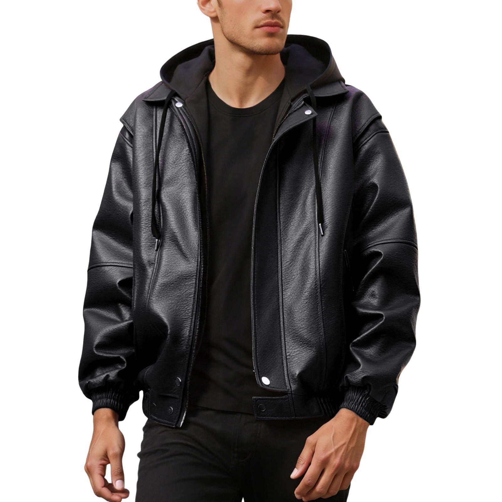 Wuxian Mens Casual Leather Jacket Slim Fit Full Zip Up Stand Collar Long Sleeve Lightweight Motorcycle Style Outerwear Coat With Pockets Stylish Cozy Daily Wear,Black,M