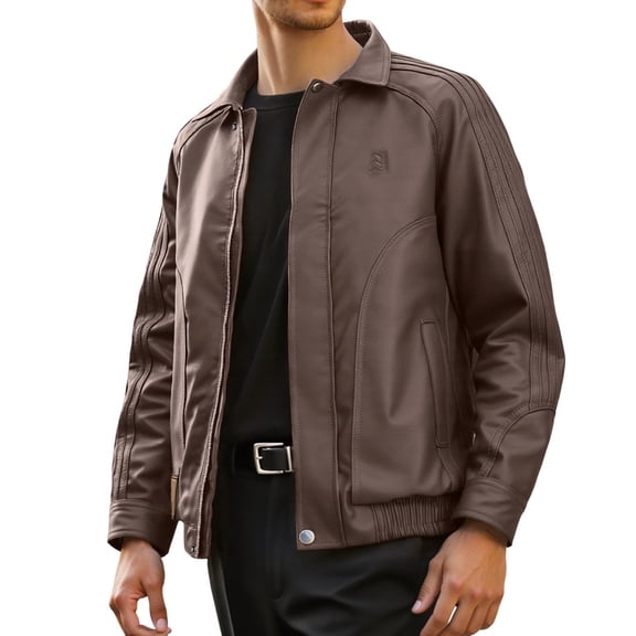 Wuxian Mens Casual Leather Jacket Slim Fit Full Zip Up Stand Collar Long Sleeve Lightweight Motorcycle Style Outerwear Coat With Pockets Stylish Cozy Dailywear,Brown,XXXL