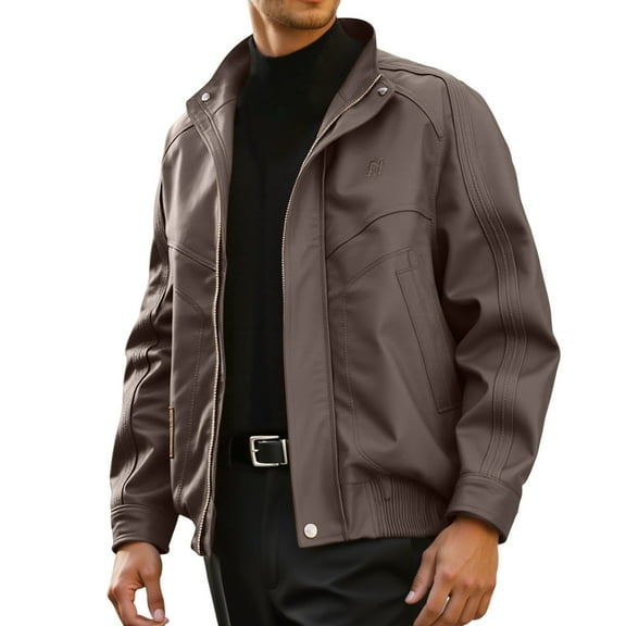 Wuxian Mens Casual Leather Jacket Slim Fit Full Zip Up Stand Collar Long Sleeve Lightweight Motorcycle Style Outerwear Coat With Pockets Stylish Cozy Dailywear,Brown,M