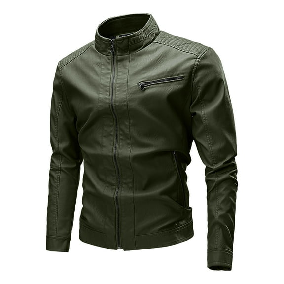 Wuxian Mens Casual Leather Jacket Slim Fit Full Zip Up Stand Collar Long Sleeve Lightweight Motorcycle Style Outerwear Coat With Pockets Stylish Cozy Outwear,Green,XXXXL