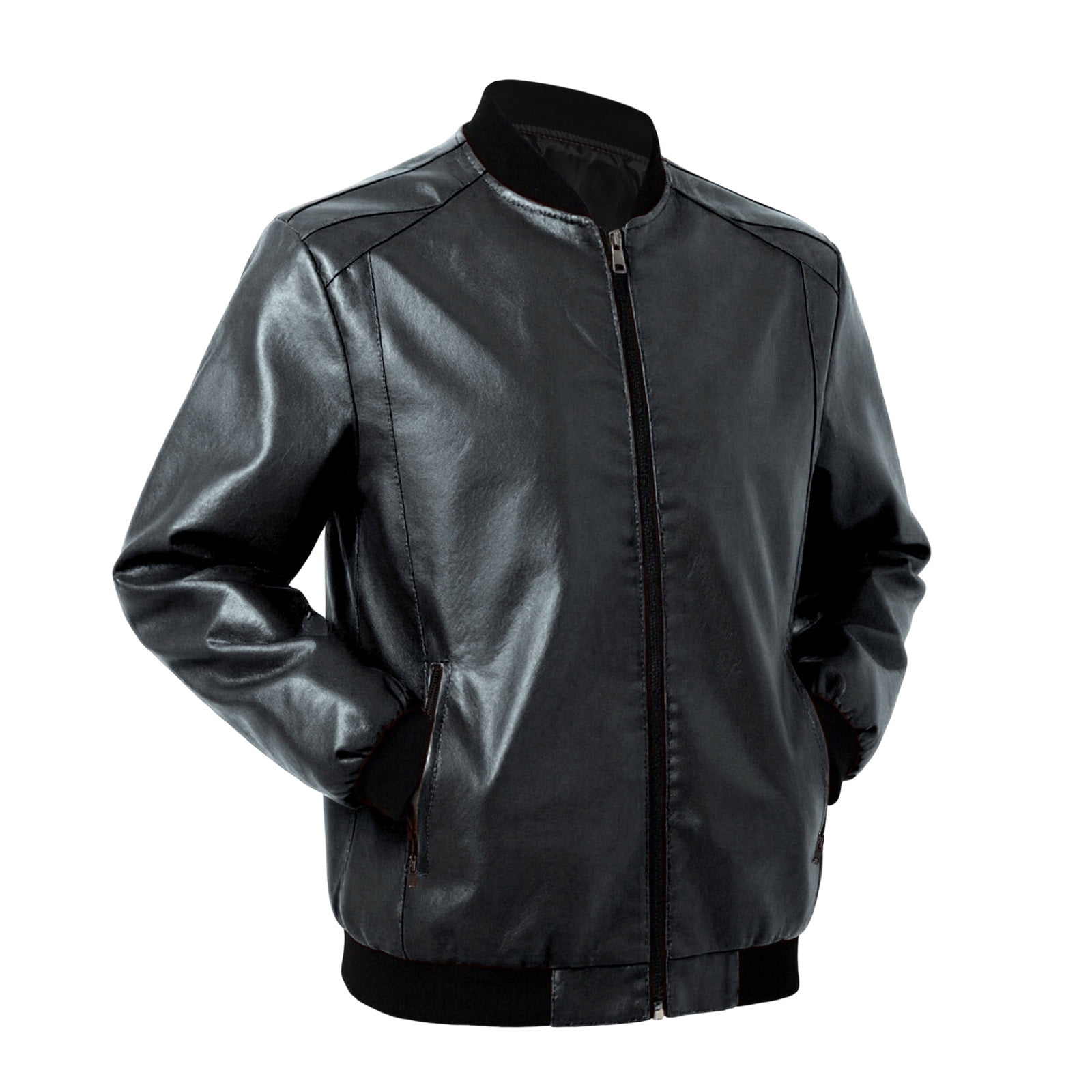 Wuxian Mens Casual Leather Jacket Slim Fit Full Zip Up Stand Collar Long Sleeve Lightweight Motorcycle Style Outerwear Coat With Pockets Stylish Cozy Outwear,Black,XXXXXXL
