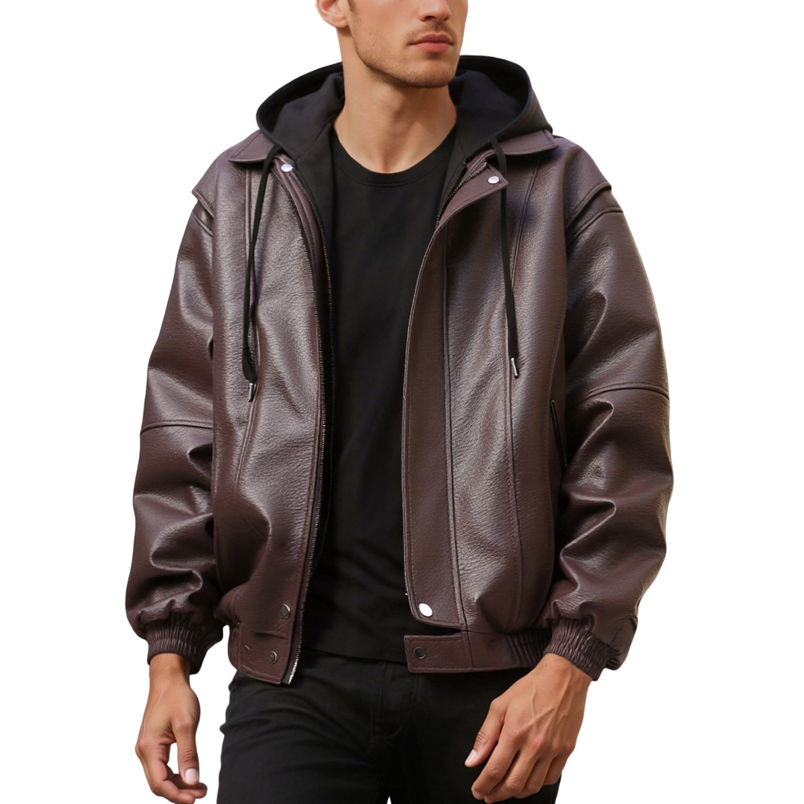 Wuxian Mens Casual Leather Jacket Slim Fit Full Zip Up Stand Collar Long Sleeve Lightweight Motorcycle Style Outerwear Coat With Pockets Stylish Cozy Streetwear,Coffee,M