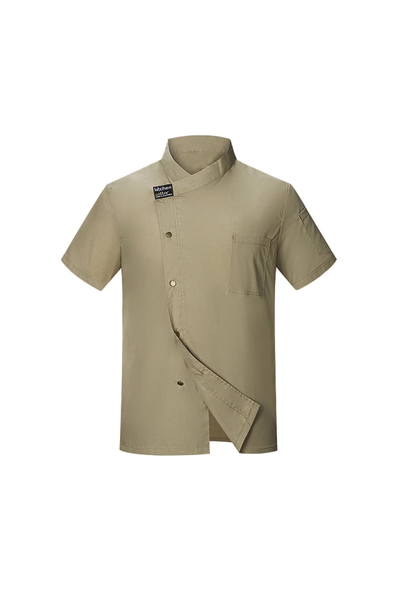 Mens Chefs Bakers Jacket Unisex Uniform Short Sleeve Stand Collar Clothing Buttons Down Loose Fit Solid Color Breathable Cozy Coats Restaurant Kitchen Cooking Lightweight Working Tops ,Khaki,M