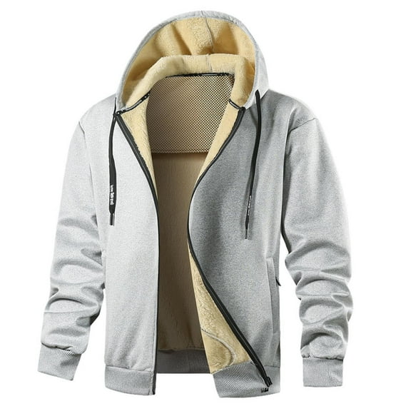 Wuxian Mens Coat Winter Warm Thick Fuzyy Wool Thermal Lined Solid Color Full Zip Hooded Jacket Soft Comfy Outdoor Casual Comfortable Athletic Daily Wear,Light Gray,XXL