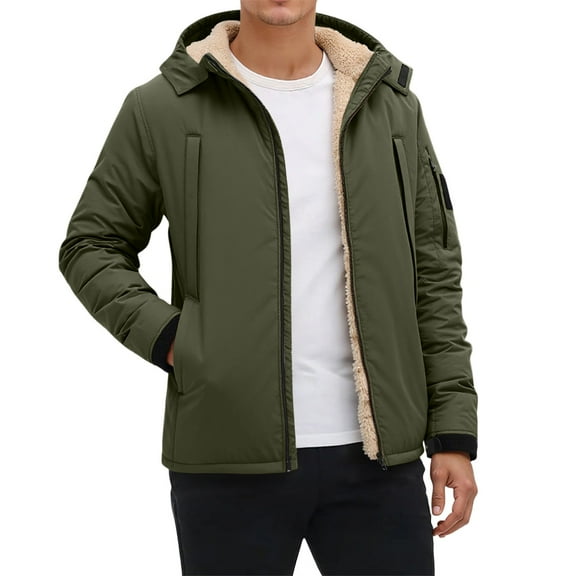 Wuxian Mens Coat Winter Warm Thick Fuzyy Wool Thermal Lined Solid Color Full Zip Hooded Jacket Soft Comfy Outdoor Casual Comfortable Athletic Dailywear,Army Green,S