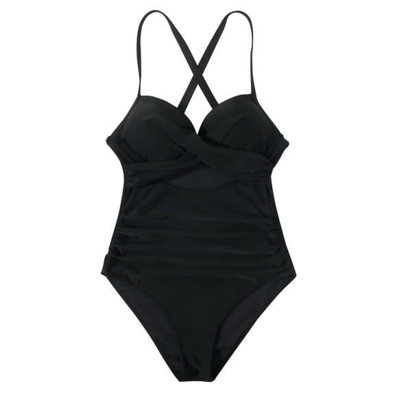 Wuxian One Piece Swimsuit For Women Solid Color Cross Adjustable Spaghetti Strap Deep V-Neck Ruched High Waist Bikini Set Swimwear Tankinis Set Bathing Suits,Black,XXL
