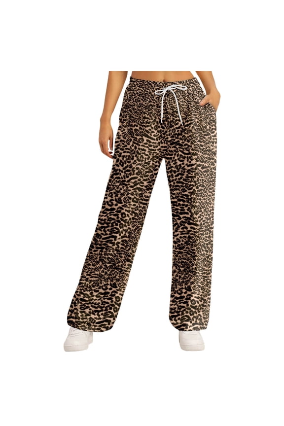 Palazzo Pants For Women Casual Leopard Print Drawstring Elastic Waist Wide Leg Trousers Fashionable Comfortable Soft Lightweight Vacation Track Sweatpants,Brown1,L