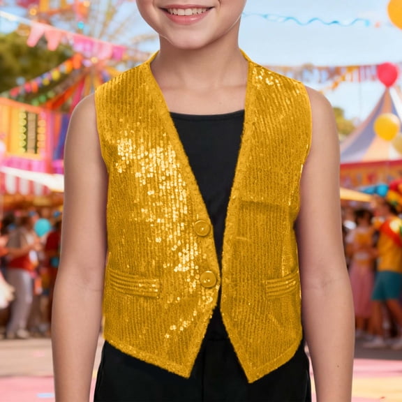Wuxian Shirt For Girls Carnival Performance Vest Sleeveless Sparkling Sequins Top Button V-Neck Shiny Glitter Dancewear Coats Fitted Blouse,GD2,5-6 Years