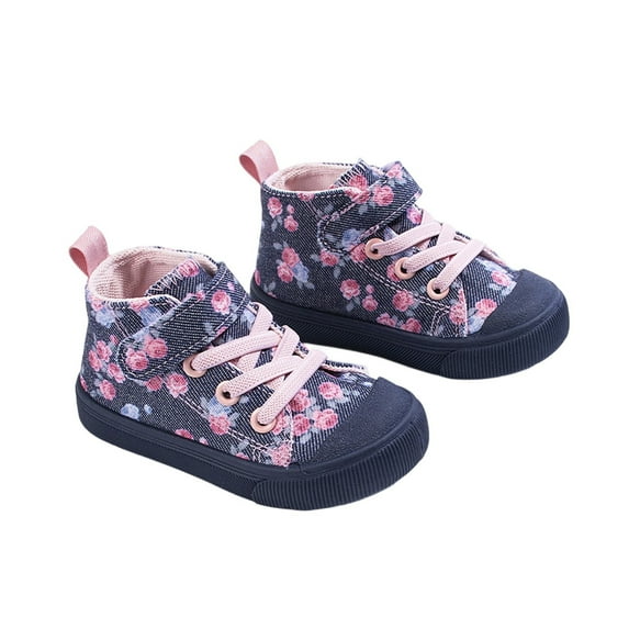 Wuxian Shoes For Girls Casual High Top Canvas Sneakers Lace Up Hook And Loop Closure Flora Print Slip On Running Walking Walker Shoe,Navy,4-4.5Y