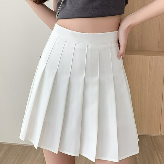 Wuxian Skirts For Women Solid Color Pleated Fashion High Waisted A-Line Stylish Casual Uniform Mini Skirt Short Tennis Skater Skirts,White,L