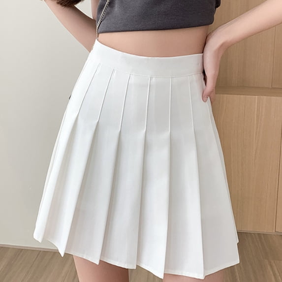 Wuxian Skirts For Women Solid Color Pleated Fashion High Waisted A-Line Stylish Casual Uniform Mini Skirt Short Tennis Skater Skirts,White,S