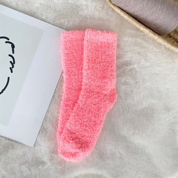 Wuxian Socks For Women Fuzzy Thick Thermal Solid Color Coral Velvet Crew Socks Warm Sleeping Stocking Casual Breathable Socks,Light Pink,One Size